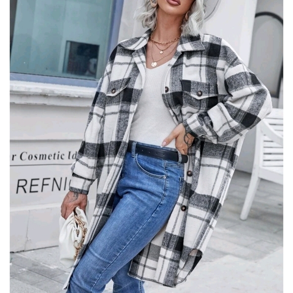 Plaid Drop Shoulder Button Oversized Coat - Picture 2 of 12
